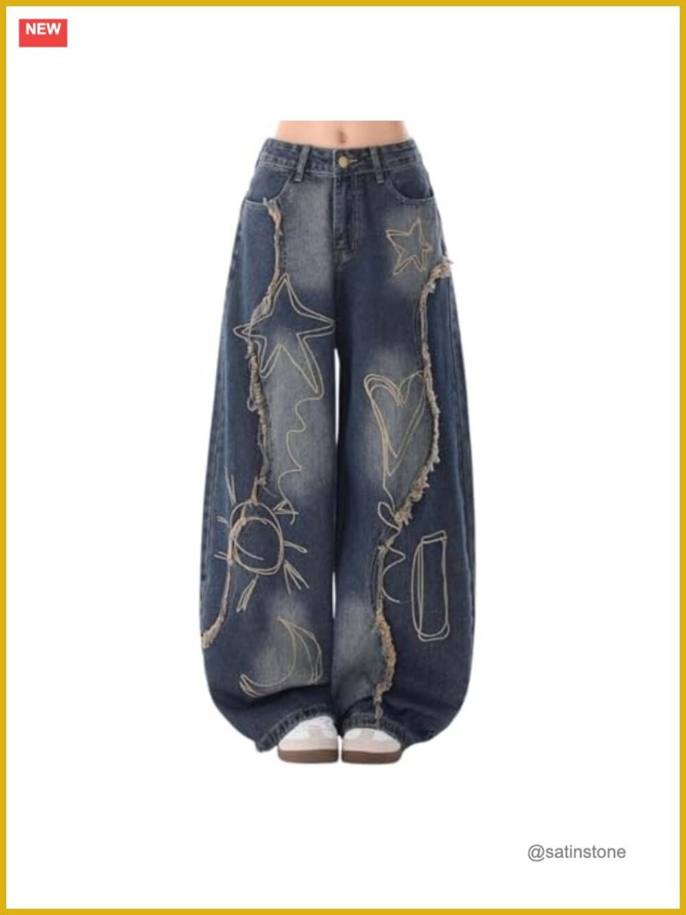 Baggy Barrel Jeans with Embroidered Patchwork - Vintage Y2K Denim Pants